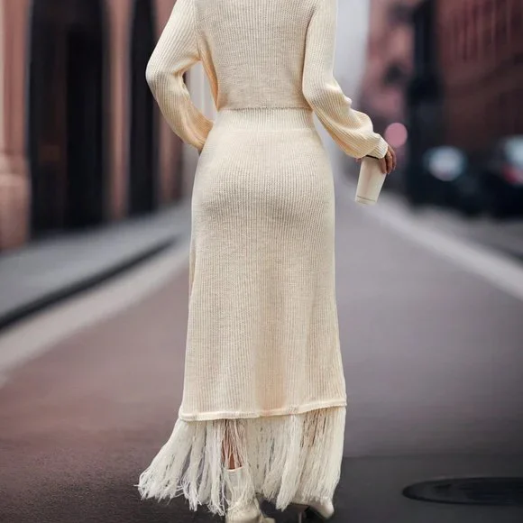 Apricot Casual Womens Fringe Hem Lantern Sleeve Sweater Dress - Picture 2 of 5